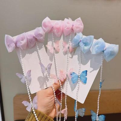Horquilla Infantil de Perlas con Borla de Mariposa y Cadena Trenzada de Flores Coloridas