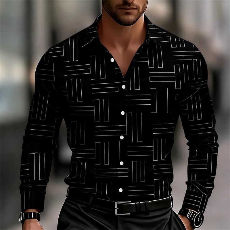 Men's Casual Long-Sleeve Slim Fit Black Geometric Pattern Breathable Versatile Formal Shirt Fashion Outdoor Men's Top