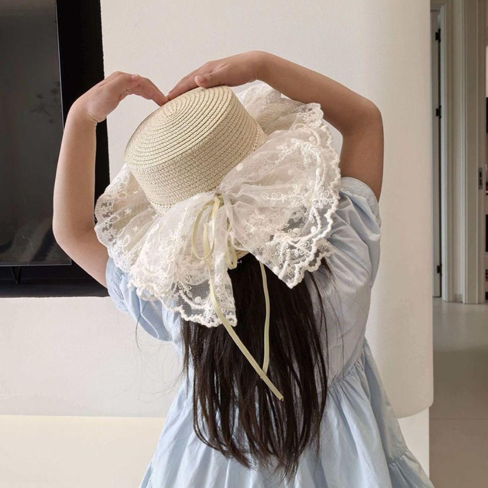 Fisherman Cap Lace Bow Sun Hat Adjustable Breathable Straw Beach Hat Lace Ruffle Wide Brim Hat Summer Beach