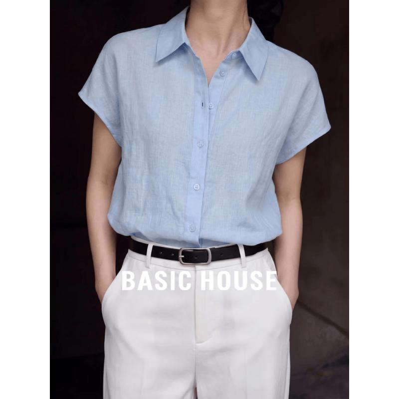Basic House Women s Light Blue Linen Blend Puff Sleeve Shirt 2XL