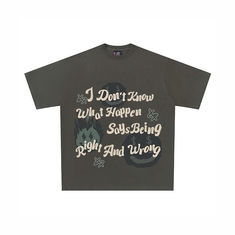 

Right and Wrong American Retro Short Sleeve Print Fashion Letter Loose round Neck T-shirt Trendy Grey 2XL