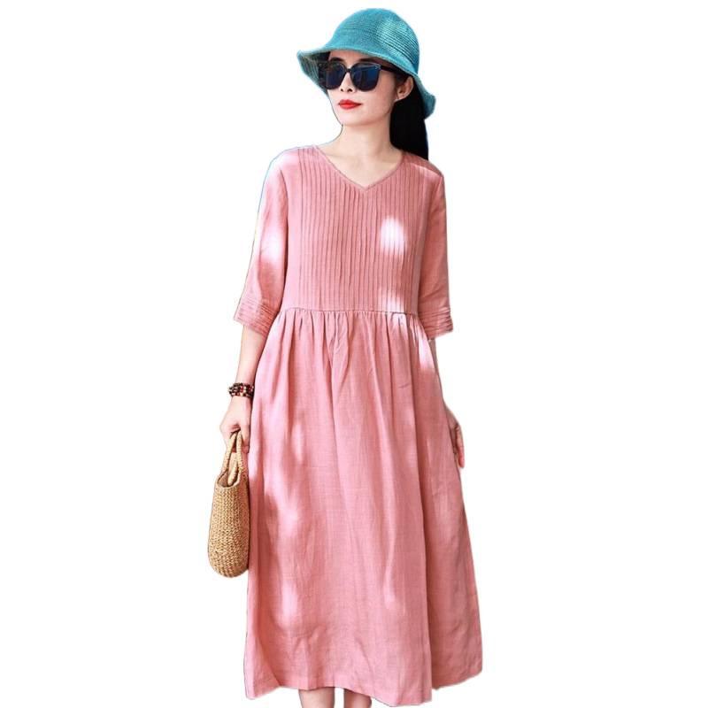 2026 Summer Cotton Linen V-Neck Artistic Long Dress for Women