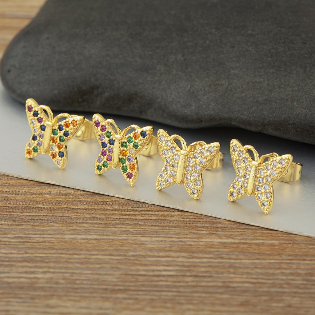Nidin Hot Sale Rainbow Butterfly Shape Stud Earrings For Women Female Copper Inlaid Colorful Zircon Fashion Cute Ear Jewelry