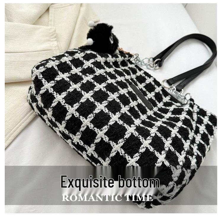 2023 Karierter Woll-Tote: Herbst/Winter Damen Vielseitige Schulter-Eimer-Tasche, Große Kapazität