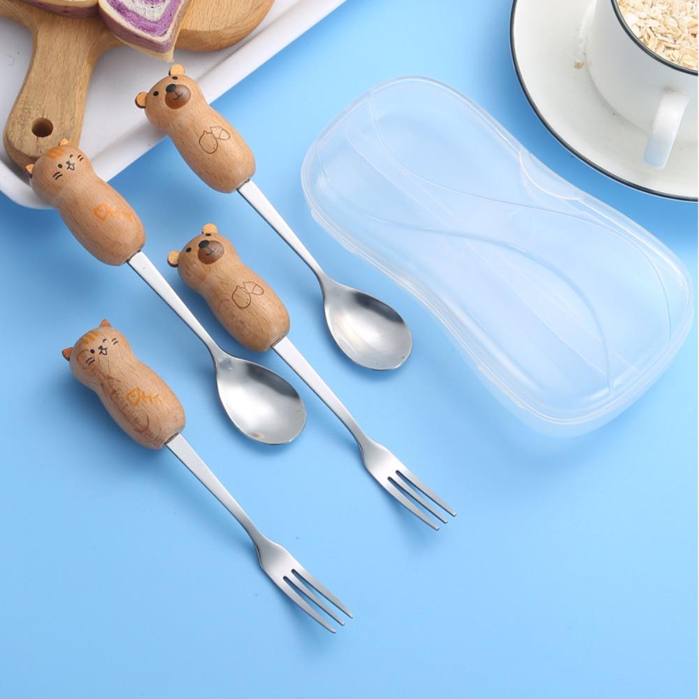 3Pcs Rustless Steel Spoon and Fork Smooth Cute Cartoon Cartoon Set Short Handle Practical Dining Utensils Meal Use