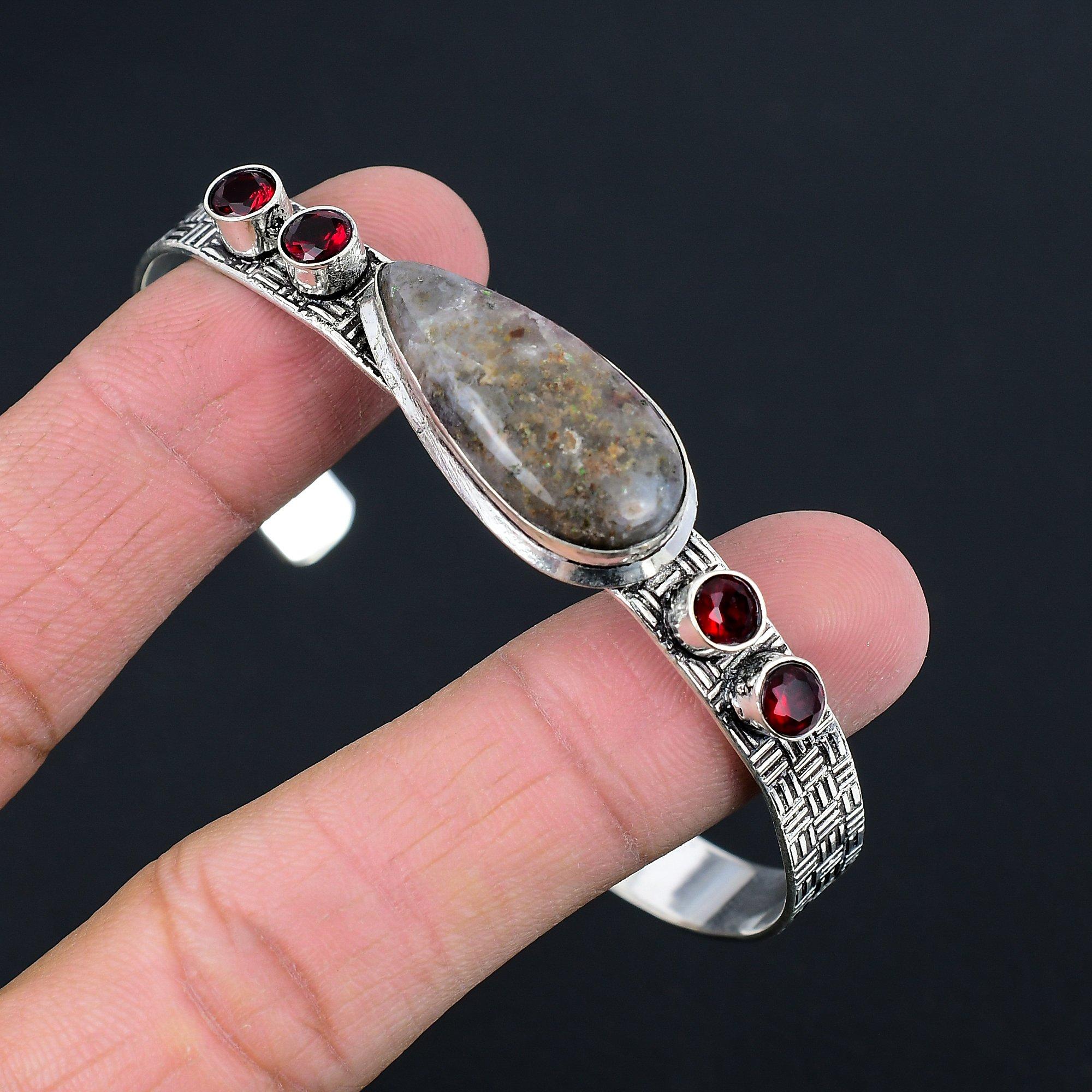 

Womens day Sale Pear Moss Agate Gemstone Garnet Wife Handmade Bangle 925 Silver Adjustable