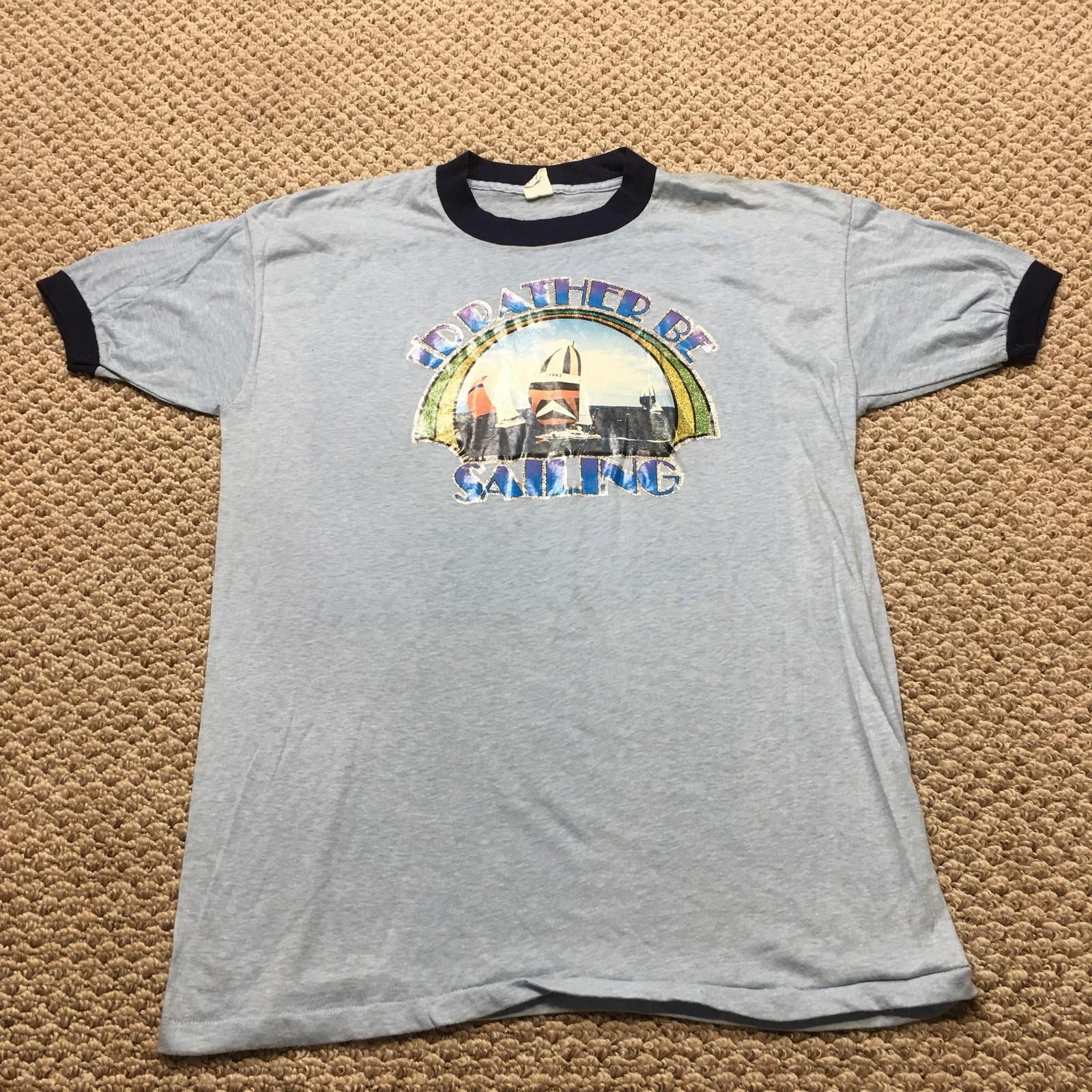 Vintage 70s Ringer Mens Medium Heather Blue Ringer Glitter Sailing Boats Unisex T-Shirt XL