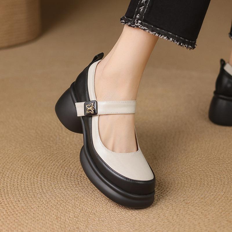 

New women s platform single shoes solid color round head fashion single shoes buckle casual four seasons wear large size shoes high heels women s shoe 43 (customized non-return and exchange)