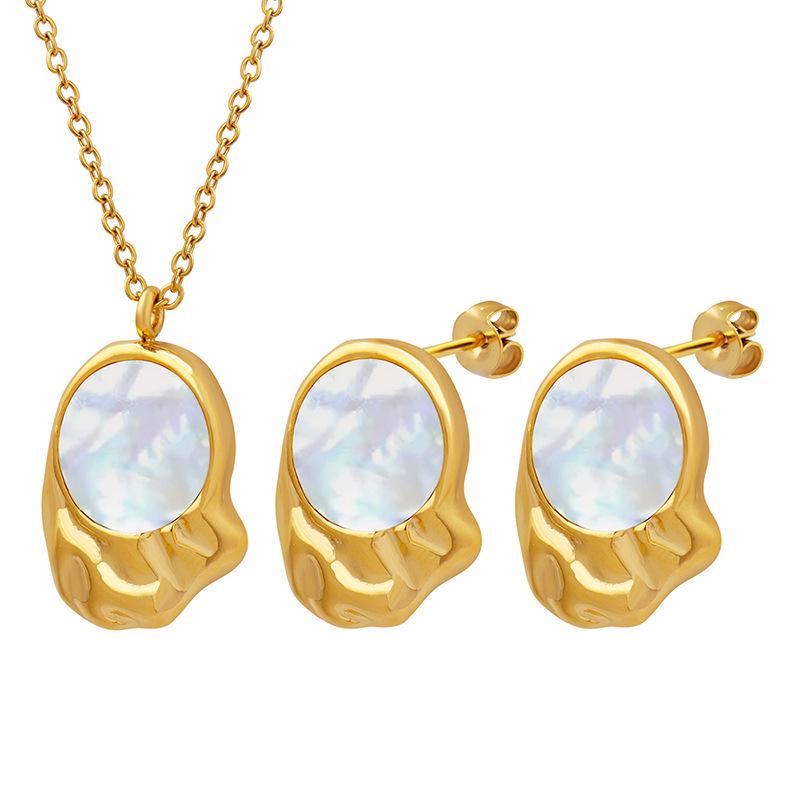 Korean-Inspired Irregular Mother-of-Pearl Pendant Necklace & Earring Gold-Plated Set