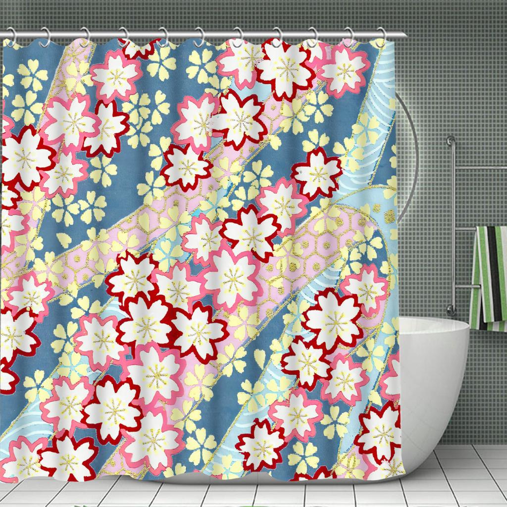Plum Blossom 4pcs Cartoon Characters Shower Curtain Set - 12 Hook Waterproof Shower Curtain with Non-Slip Rug, Toilet Mat,