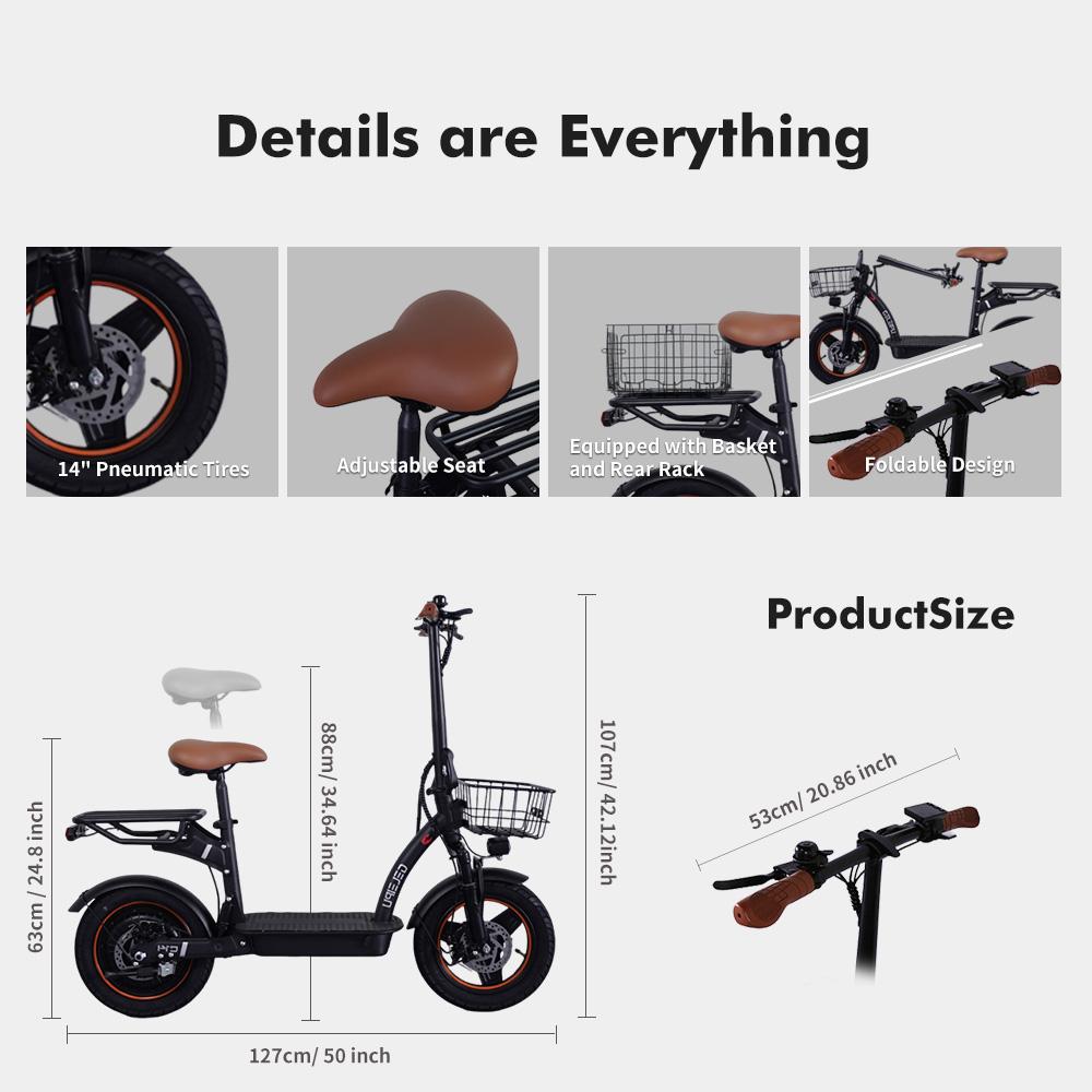 GELEIPU C14 Foldable Electric Scooter 500W Motor  48V17.5Ah Battery 14 * 2.5"  Inflatable Tires 32km/h Max Speed 100km Max Range