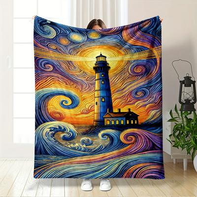 Colorful Lighthouse and Swirling Waves Design Flannel Blanket for Bedroom Living Room Sofa and Nap