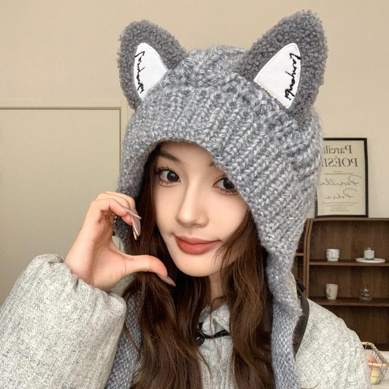 Autumn and winter cute fox ears knitted wool hat children warm braids straps ear protectors show face small cold hat