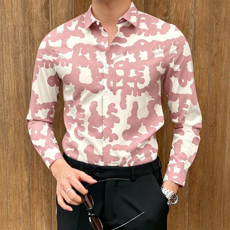 Men's Abstract Graffiti Print Long-Sleeve Shirt, Smooth Drape, Trendy Lapel Shirt, High-Street Luxury Versatile Men's Top