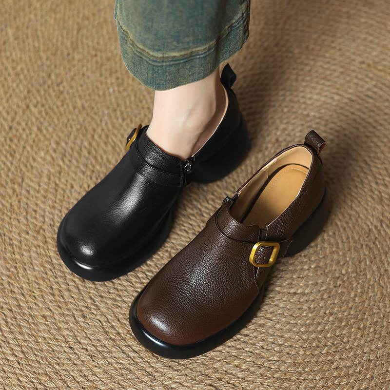 Krazing Pot cow skin Autumn Winter Shoes Metal Buckle Loafers chunky Heels Slip on Size 43 Round Toe Slip on Deep Mouth Pumps