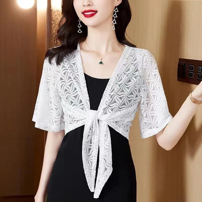 WTEMPO Women's Casual Solid Color Lace Sunscreen Shawls Coats Spring Summer Casual Versatile Thin Breathable Cardigans