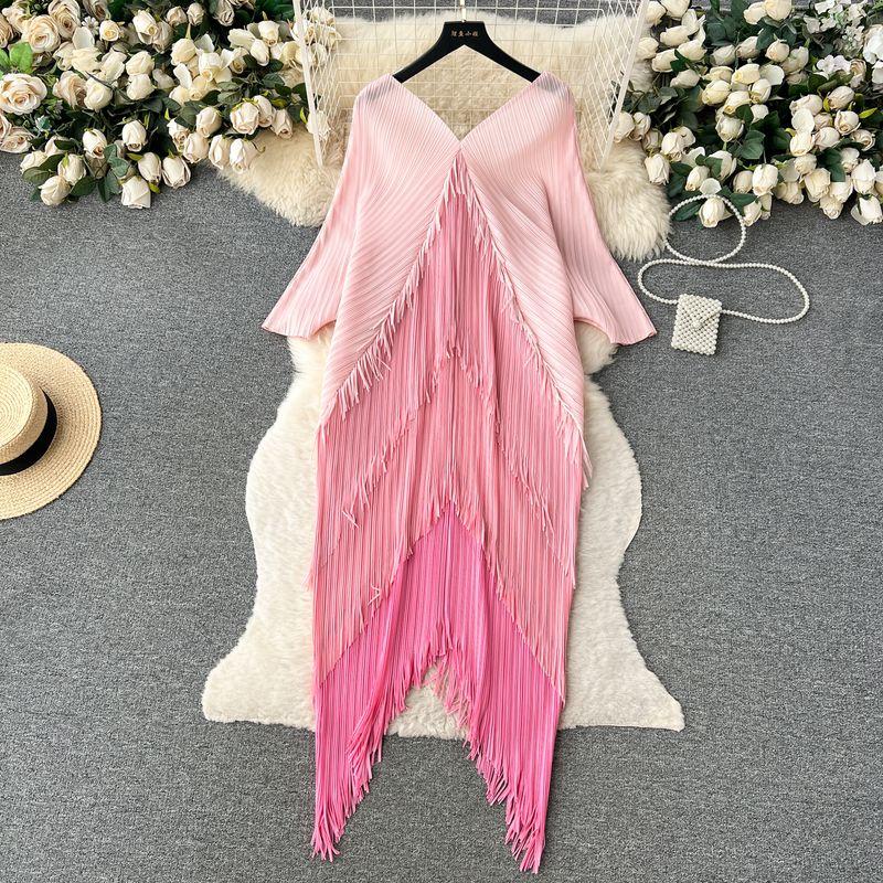 

Women s Wear Niche Style Contrast Color Stitching Tassel Dress Pink One size