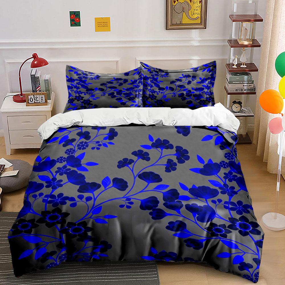 Cobalt Blue Twig Floral Duvet Cover Set, Gray Chinese Porcelain Style Bedding Includes 1 Duvet Cover And 2 Pillowcase, Gift