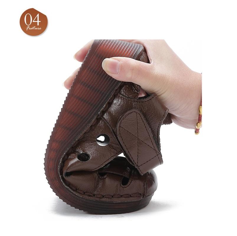 Women Orthotic Sandals Cowhide Leather Mary Jane Shoes Wedged Heel Orthopedic Closed Toe Sandals