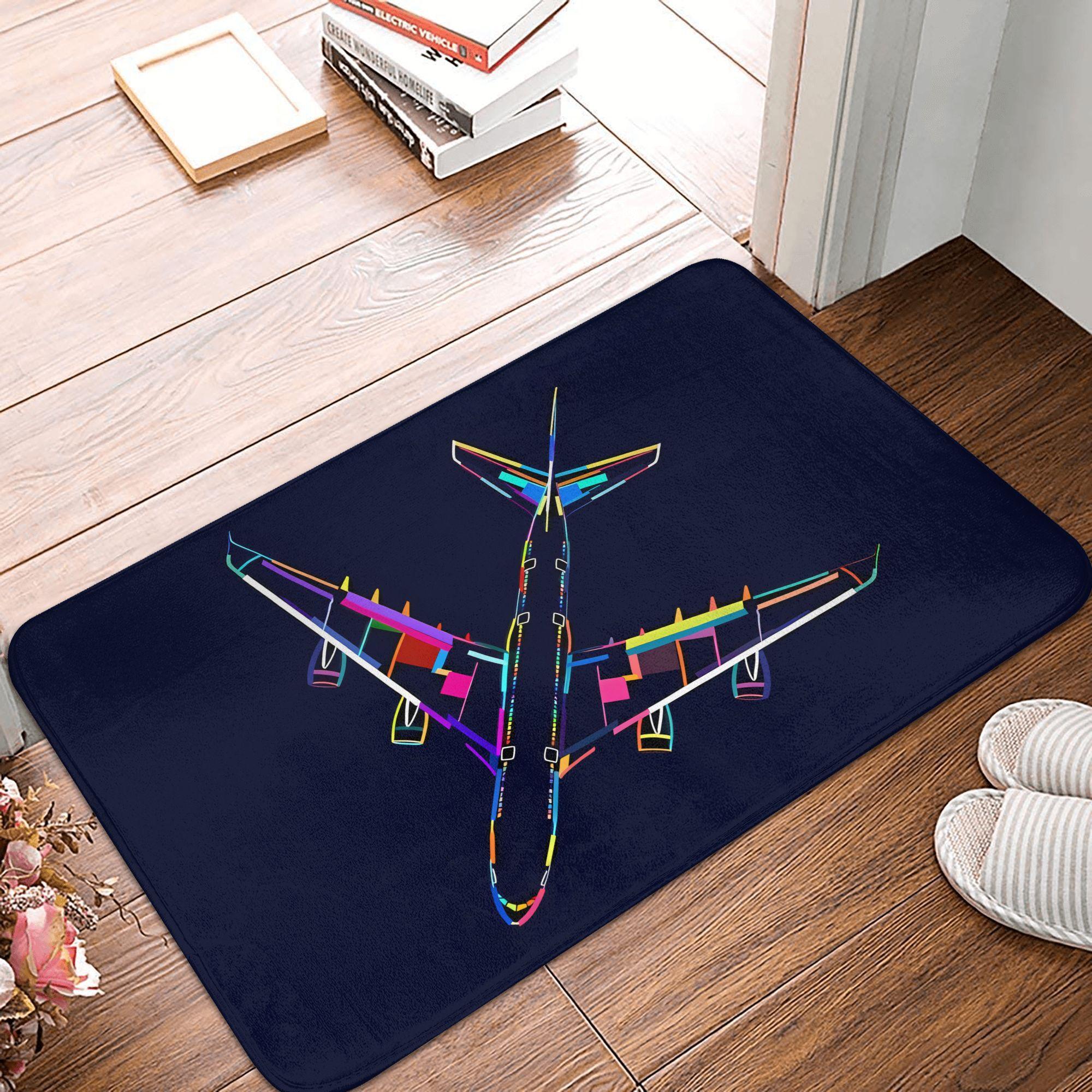 

Neon Airplane Cross Design Doormat Dark Blue Background Printed Polyester Machine Washable Entrance Floor Mat 40cm x 60cm