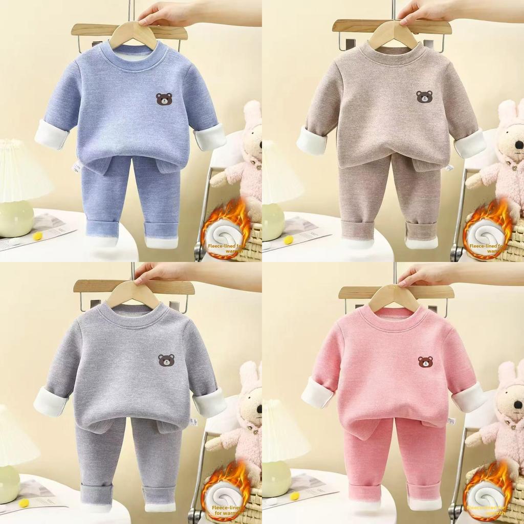 Baby Boy Girl Fleece Thermal Underwear Set With Plush Lining For Winter Warmth