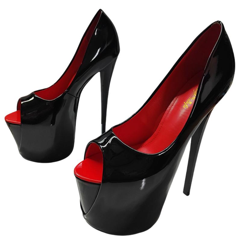 Pantofi cu toc super înalt cu platformă de 19 cm Sexy peep toe lăcuiți negri roșii pentru femei cu toc pentru birou petrecere fetiș nuntă mărime mare 50