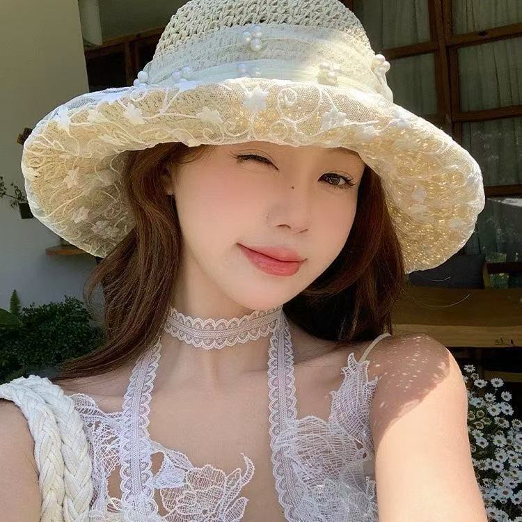Summer New Seaside Sun Hat Breathable Sunscreen Hat Large Brim Bucket Hat Foldable French Lace Straw Hat