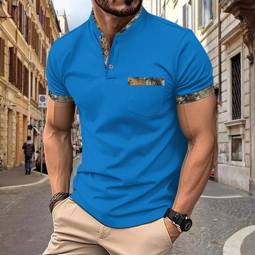 Neues Herren-Freizeit-Poloshirt mit Brusttasche, kleinem Stehkragen, Knopfleiste und vielseitigem T-Shirt-Oberteil