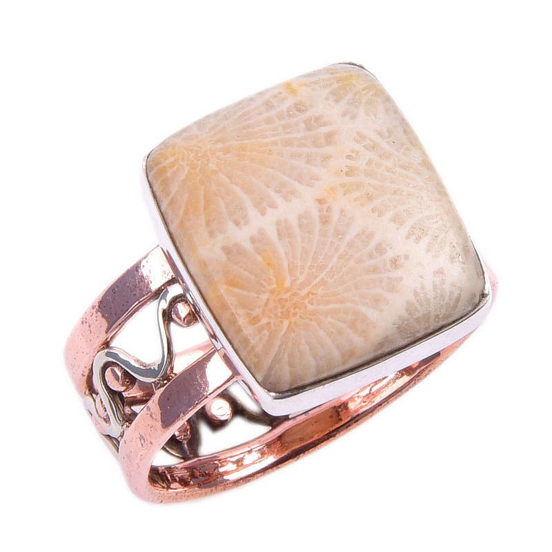 Piatră prețioasă Coral Fosil Natural Argint Sterling 925 Inel Bicolor Mărimea 8.5 Z2m59