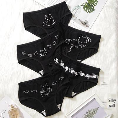 Black Cat Girls' Cotton Triangle Panties - Cute, Comfortable Mid-Waist Underwear