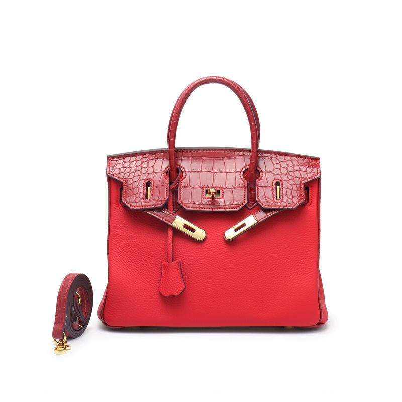 

The new platinum top layer crocodile pattern cowhide top layer lychee pattern patchwork hand-to-hand shoulder crossbody bag leather women s bag 25CM