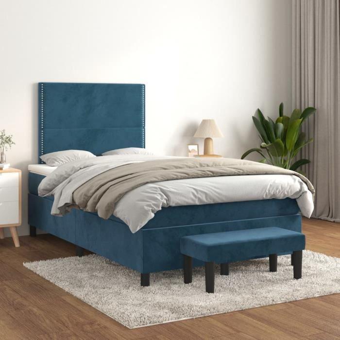 3137777 vidaXL Lit à sommier tapissier et matelas Bleu foncé 120x200cm Velours
