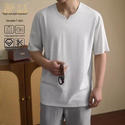 Herren T-Shirt mit V-Ausschnitt aus Baumwoll-Leinen im chinesischen Stil