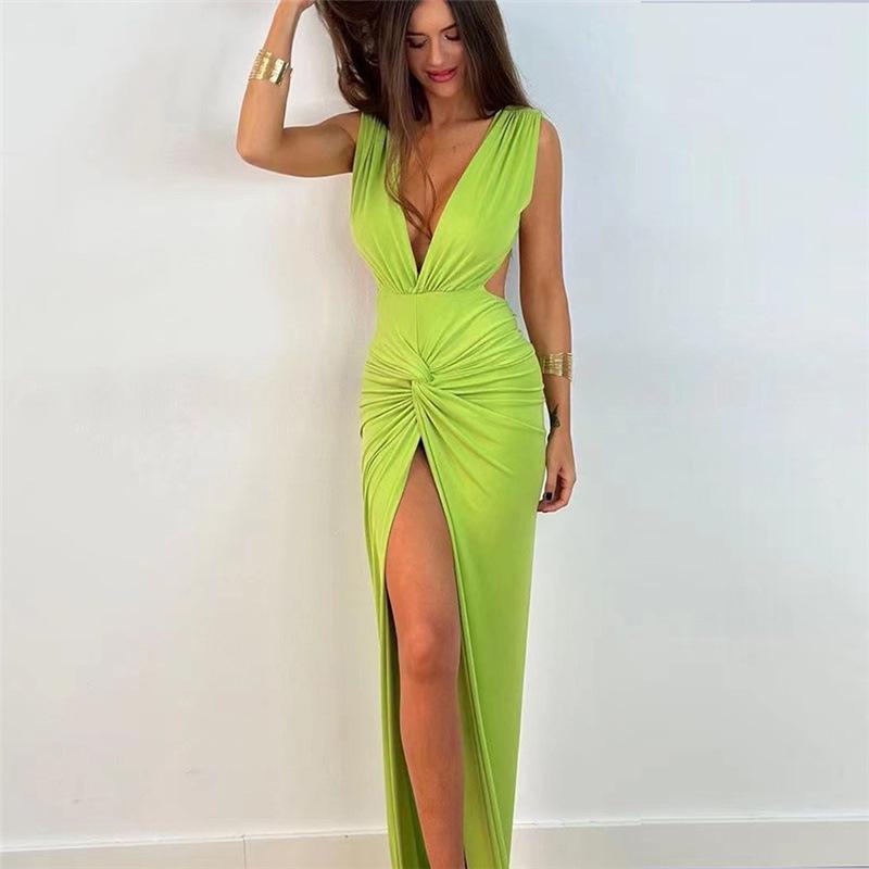 European-American Style Backless V-Neck Slit Dress - Women's 2023 Spring/Summer Fashion