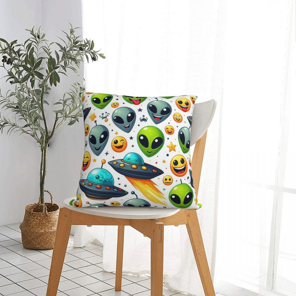 Green Alien And Ufo Pattern Square Pillowcase Cushion Cover Decorative Pillow Case Throw Pillow Cover For Home Sofa Living Room