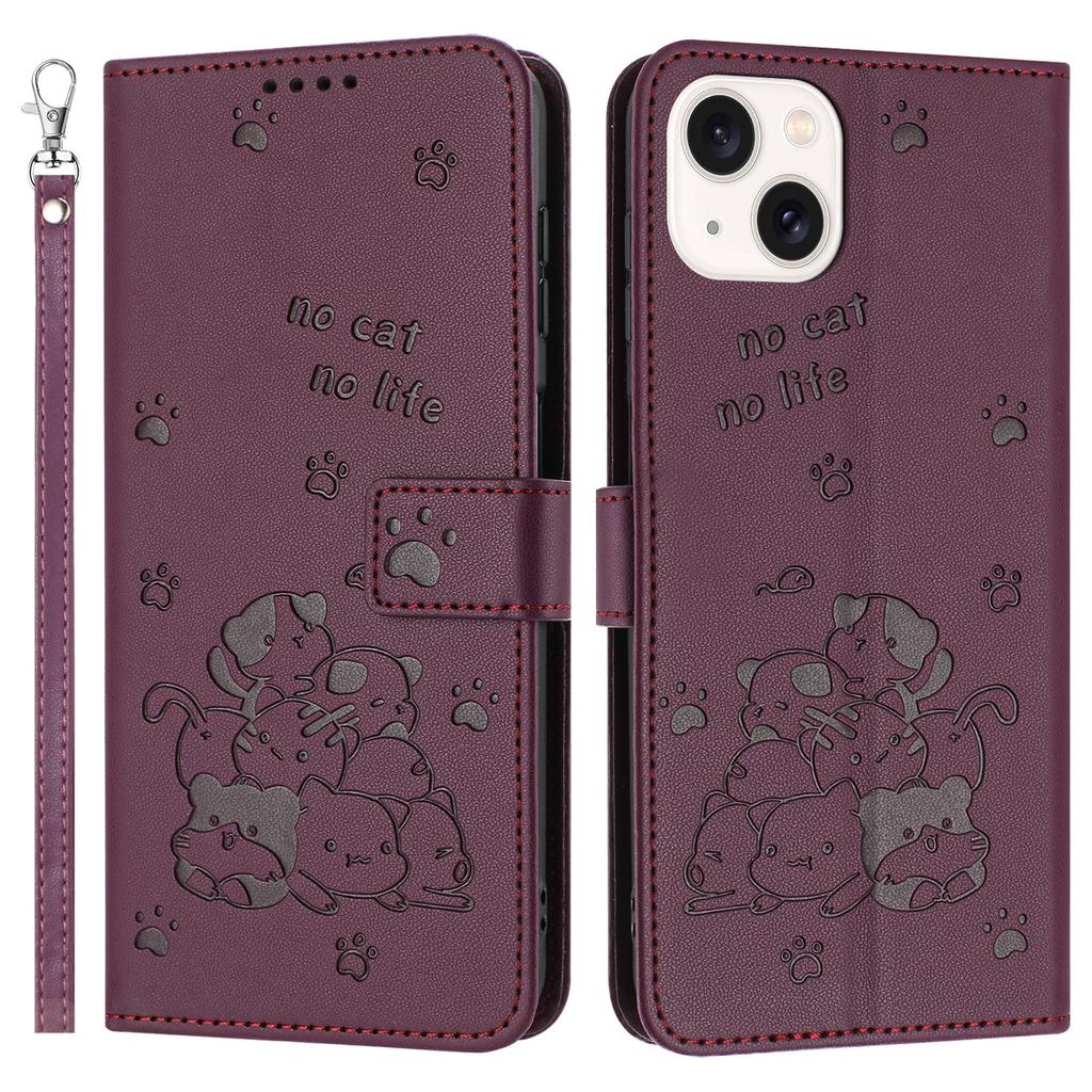 For iPhone 15 Plus/14 Plus Case with Strap Cats Imprint Leather Wallet Phone Cover