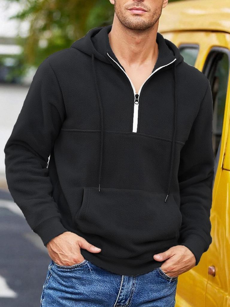 Men's Thick Hooded Sweatshirt, Stand Collar Half-Zip, Long Sleeve, Autumn/Winter, European Size, Casual Style.