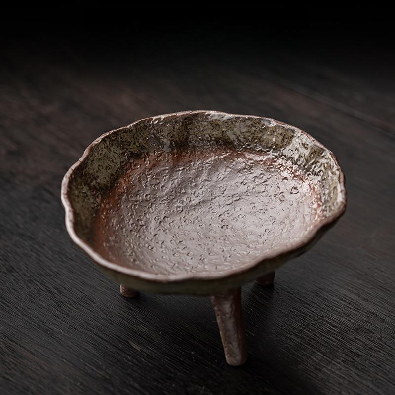 Handmade and Creative Three Legged Rough Pottery Fruit Plate, Living Room, Household Antique Ceramic Tea Plate