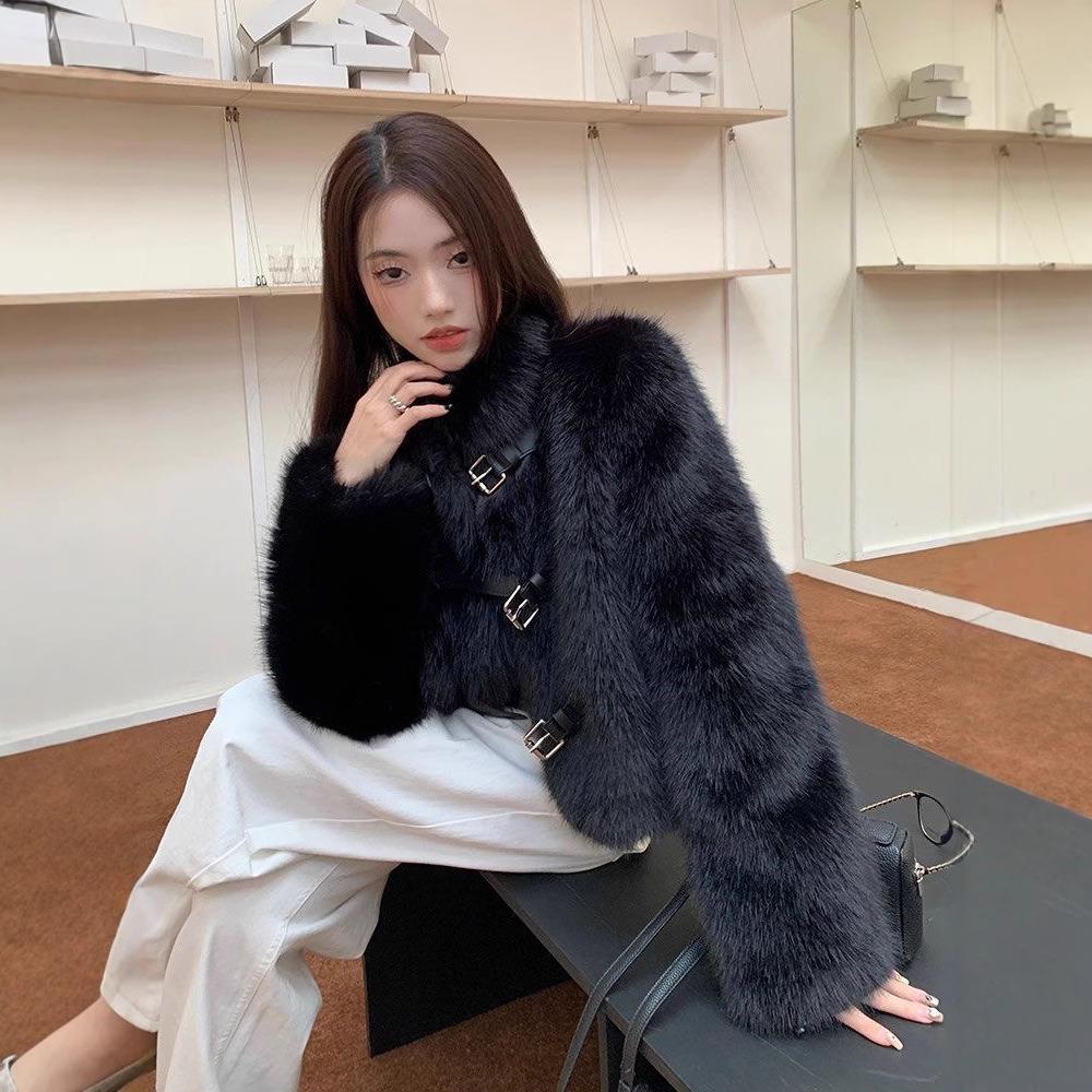 Ekologický kožich Zimní Malý Nový Imitace Liščí Kožešiny Módní Dámské Oblečení Černý Stojáček Top Trendy