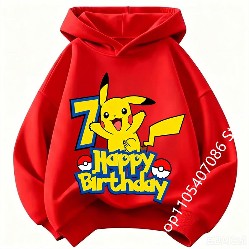 Children Pikachu Birthday Number 1-9 kid hoodie Boys Girls Casual Short Sleeves Tops Summer Kids long-sleeved hoodie