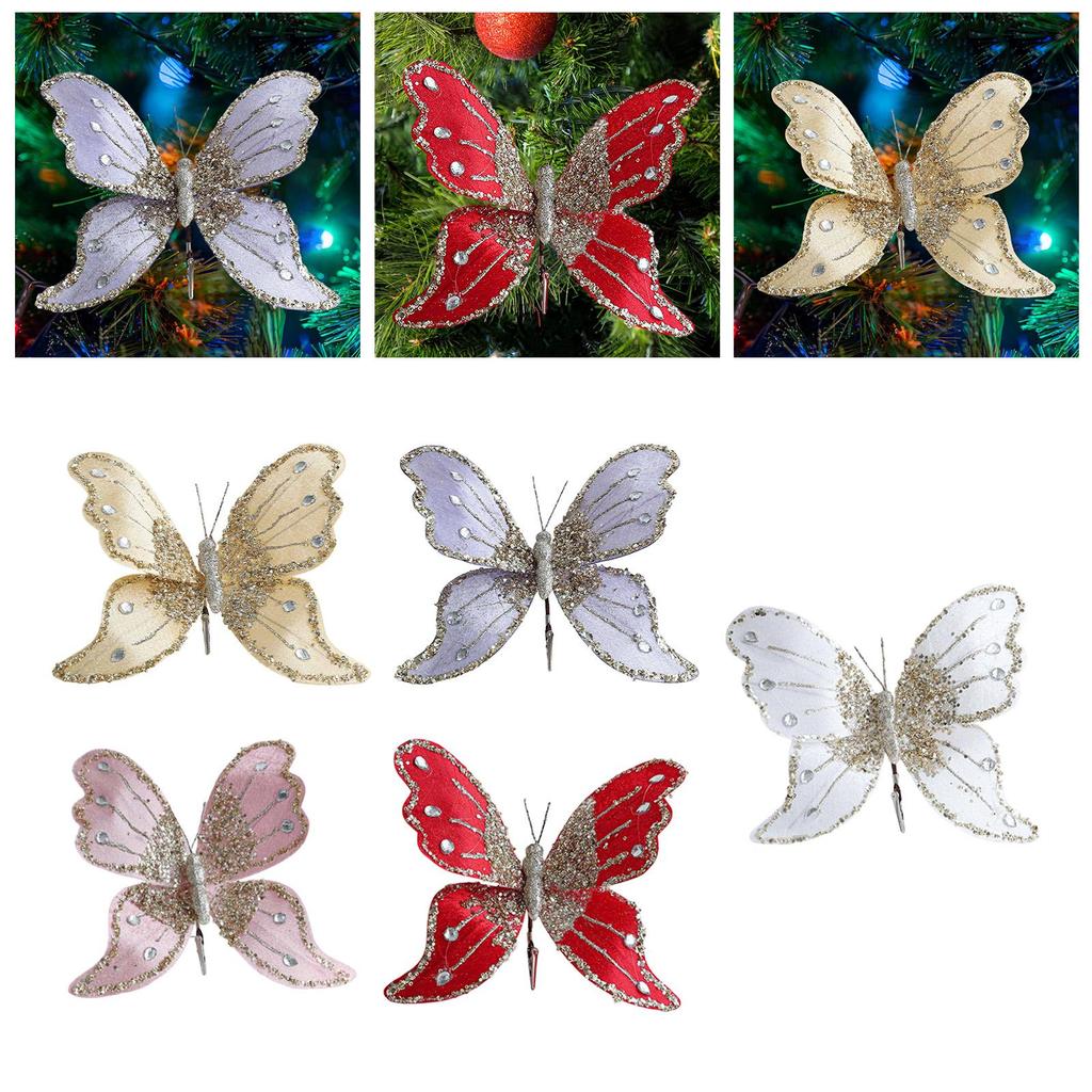Butterfly Clip Christmas Ornament Xmas Tree Decor Centerpiece Glitter Decorative for Fireplace Office Wreath Holiday Garland