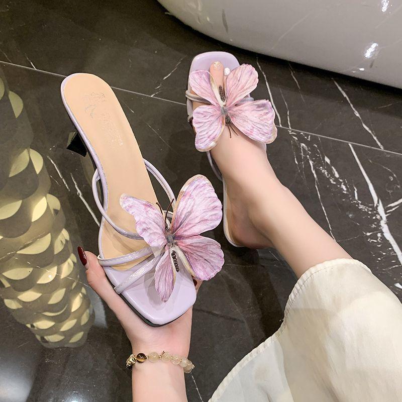 French Small Sandals Fashion Vacation High Heel Drag Niche Design Sense 2025 New Butterfly Thick Heel Shoes Women's Summer Wear