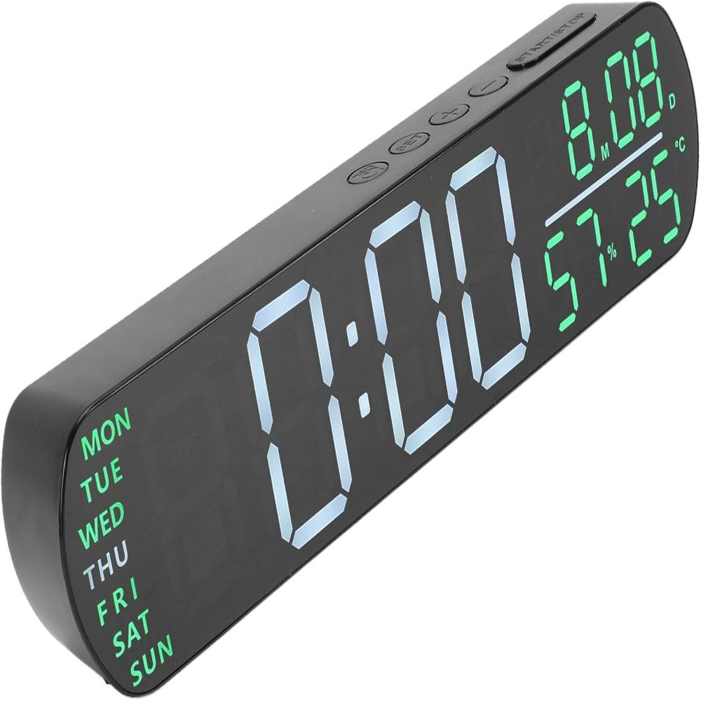 Black Shell Green Digital Alarm Clock 26.5x3.5x7cm Table Clock Compact LED Desk Clock  For Bedroom