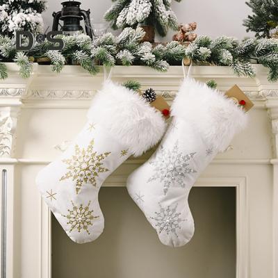 Christmas Stockings Snowflake Embroidered Hanging Socks with Plush Edge Festival Home Decor Gift Stockings for Xmas Party