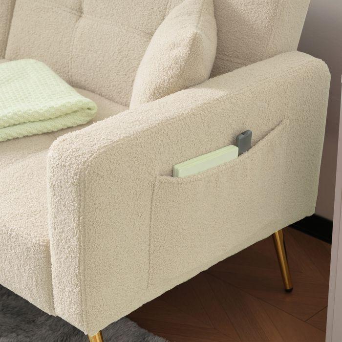 2 Seater Convertible Sofa, Adjustable Reclining Sofa Bed with Cushions and Side Storage Pockets - Lambswool - Beige