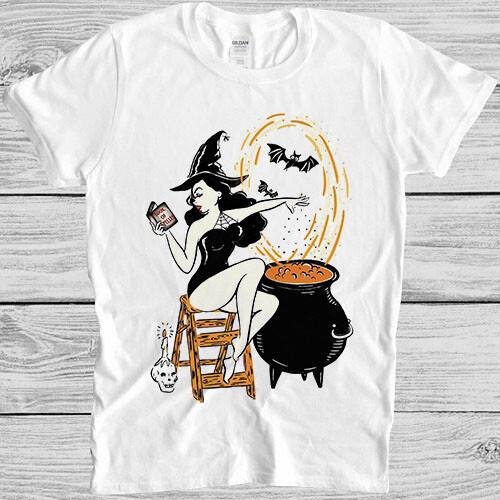 Halloween Pinup Witch Girl Horror Meme Funny Style Movie Music Gift T Shirt 7089