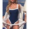 Women's Black White Color Block Square Neck One-Piece Swimsuit