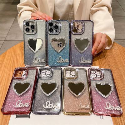 Priehľadné silikónové puzdro na telefón Love Heart Diamond Mirror pre Iphone 14 13 12 11 Pro Max Gradient Glitter Transparent Protector Cover