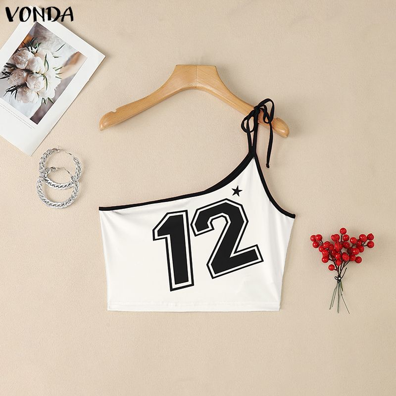 VONDA Summer Women One Shoulder Strap Sleeveless Print Crop Tank Tops Holiady M