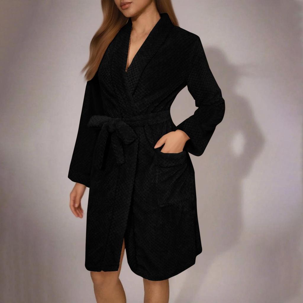 Women's Solid-Color Long-Sleeve Autumn/Winter Warm Bathrobe Plush Homewear Robe Homewear Set